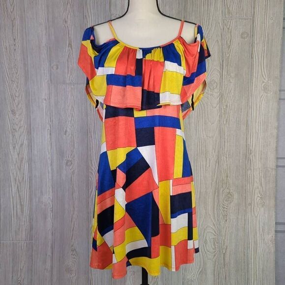 Vintage Purple Rain Womens Size Medium Cold Shoulder Dress Multicolor Geometric - Picture 3 of 10